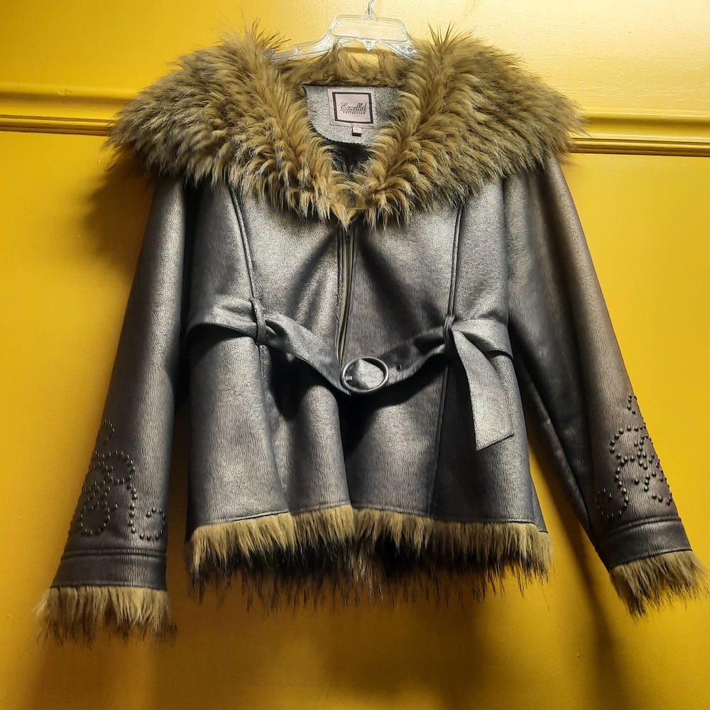 Excelled Collection Bronze Faux Fur & Leather Full zip belted Jacket LG